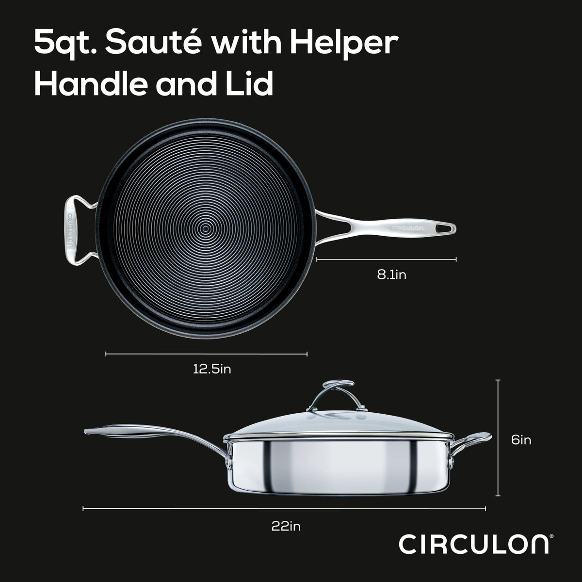 5 Quart Tri-Ply Clad Nonstick Saute w/Lid & Helper Handle