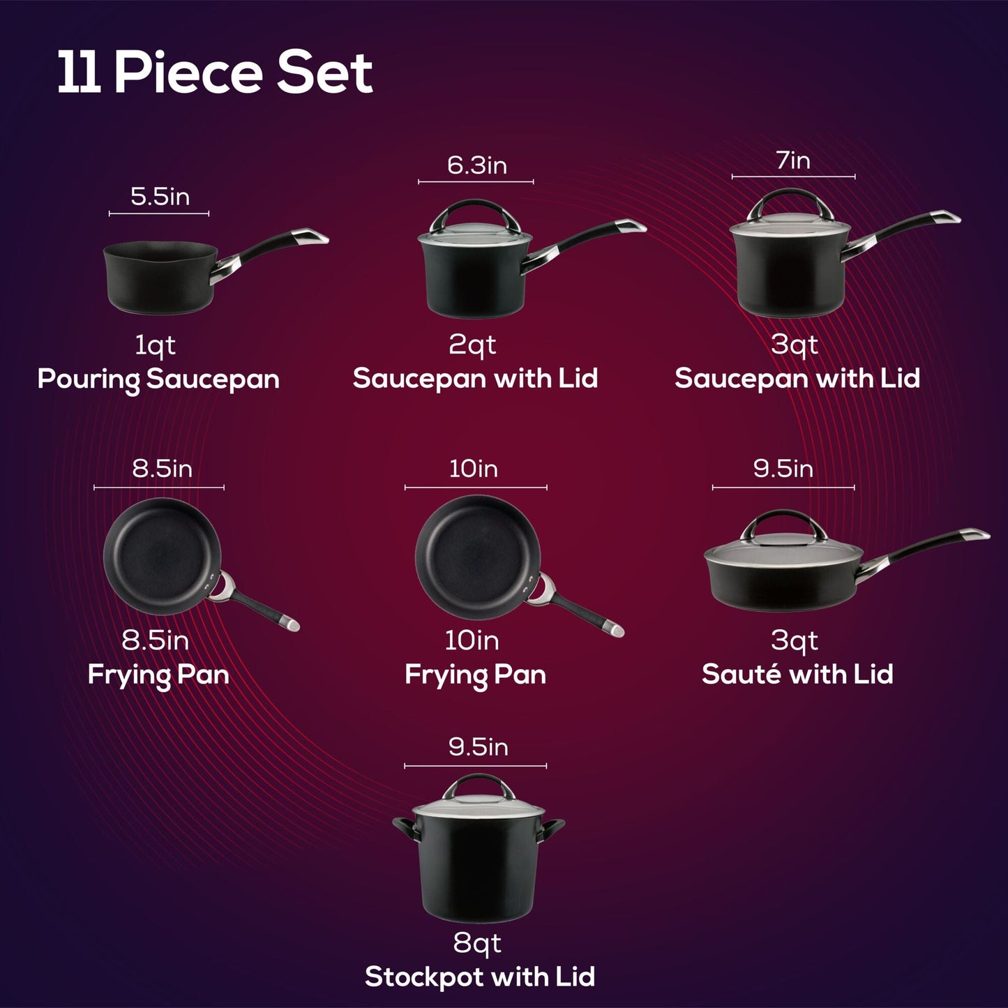 11-Stück-Kochgeschirr-Set: Nonstick & Hard-Anodized